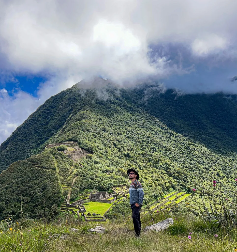 View of the Inca sanctuary of Choquequirao through Andean mist